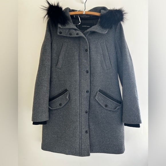 Andrew Marc Jackets & Blazers - Andrew Marc Graphite Gray Wool Fox Fur Leather Trim Hooded Lined Peacoat Size 4